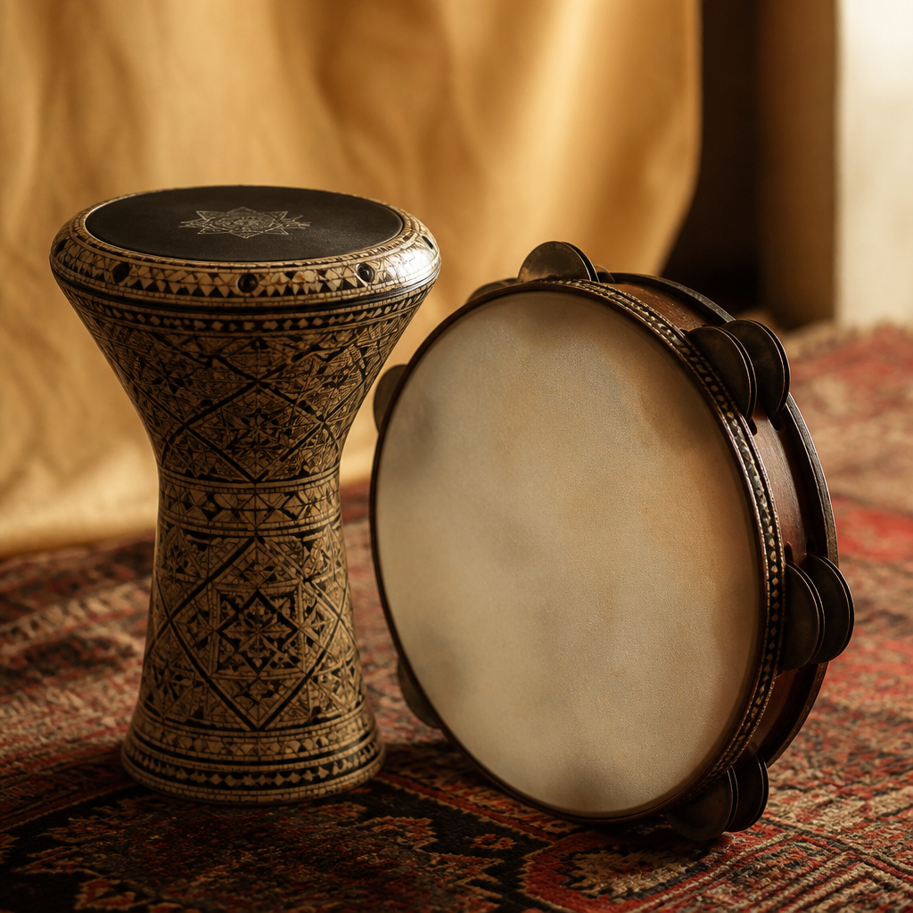 En darbuka og en riq stillet op ved siden af hinanden på et tæppe i varmt lys