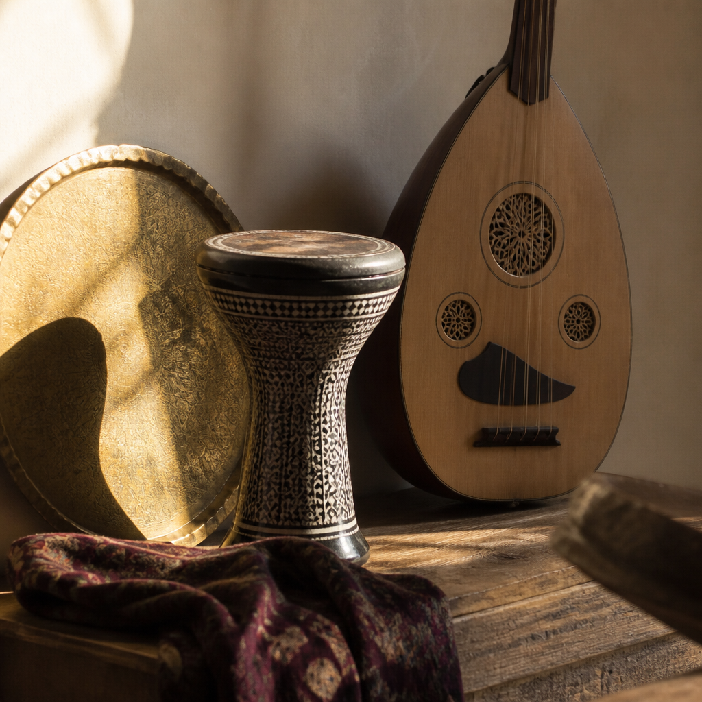 Opstilling med darbuka, oud og en gammel messingbakke på et bord i varmt sidelys